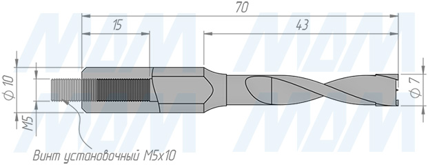 Размеры глухого сверла, D=7мм, L=70мм, RH (артикул 33010370)