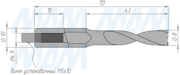 Размеры глухого сверла, D=8мм, L=70мм, RH (артикул 33010470)