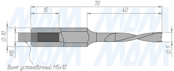 Размеры глухого сверла, D=5мм, L=70мм, LH (артикул 33020170)