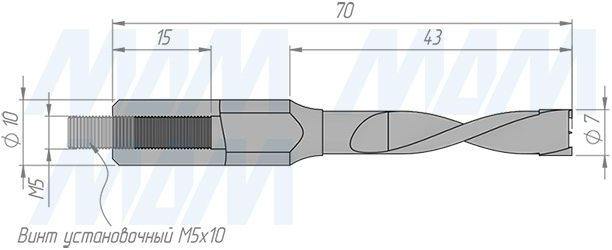 Размеры глухого сверла, D=7мм, L=70мм, LH (артикул 33020370)