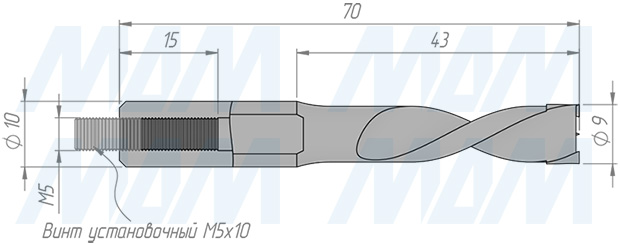 Размеры глухого сверла, D=9мм, L=70мм, LH (артикул 33020570)