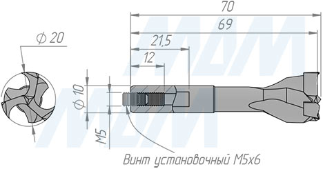 Размеры чашечного сверла D=20 мм, L=70 мм, RH серия Professional (артикул 3FP2070RH)