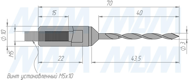 Размеры сквозного сверла, D=3мм, L=70мм, RH серия Monolit (артикул 4010170)