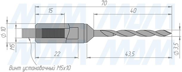 Размеры сквозного сверла, D=3.5мм, L=70мм, RH серия Monolit (артикул 4010270)