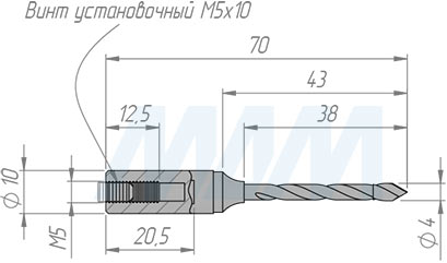 Размеры сквозного сверла, D=4 мм, L=70 мм, RH серия  Monolit (артикул 4010370)