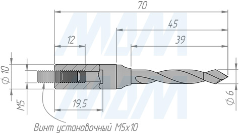 Размеры цельнотвердосплавного глухого сверла, D=8мм, L=70мм, RH (артикул 4010770)