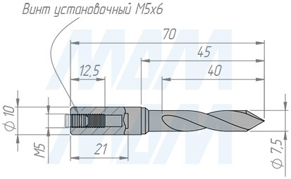 Размеры цельнотвердосплавного сквозного сверла  D=7,5мм, L=70мм, RH, серия Monolit (артикул 4017570)