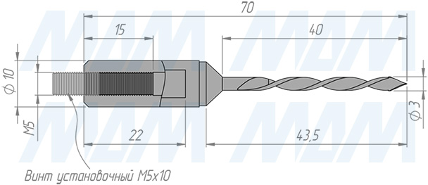 Размеры сквозного сверла,  D=3мм, L=70мм, LH серия Monolit (артикул 4020170)