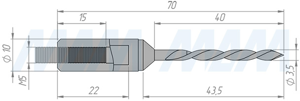 Размеры сквозного сверла, D=3.5мм, L=70мм, LH серия Monolit (артикул 4020270)