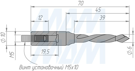 Размеры цельнотвердосплавного глухого сверла, D=6мм, L=70мм, LH серия Monolit (артикул 4020770)