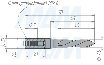 Размеры цельнотвердосплавного сквозного сверла  D=7,5мм, L=70мм, LH, серия Monolit (артикул 4027570)