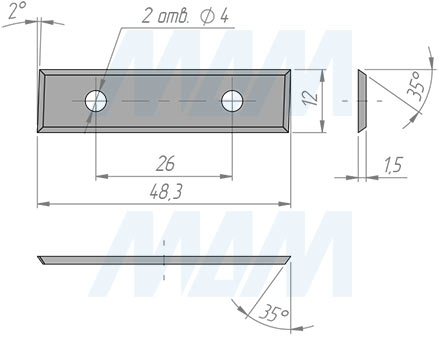 Размеры сменной твердосплавной четырехсторонней пластины левой 48,3x12x1,5мм с углом наклона 30° (артикул 4831215-58L)