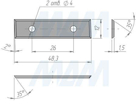 Размеры сменной четырехсторонней твердосплавной пластины левой  48,3x12x1,5мм с  углом наклона 30° (артикул 4831215-58R)