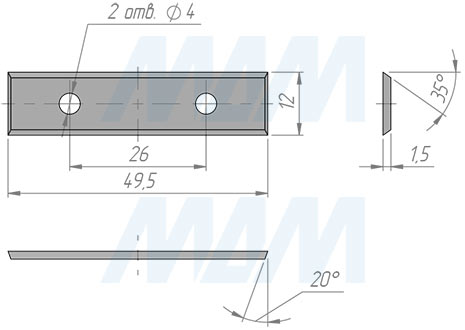 Размеры сменной твердосплавной четырехсторонней пластины 49.5x12x1.5мм 35°, FK08 (артикул 4951215-58)