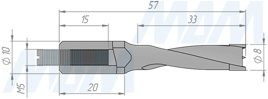 Размеры глухого сверла, D=8мм, L=57мм, RH (артикул 5010457)