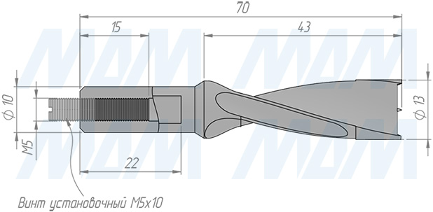 Размеры глухого сверла, D=13мм, L=70мм, RH (артикул 5011370)