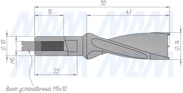 Размеры глухого сверла, D=14мм, L=70мм, RH (артикул 5011470)