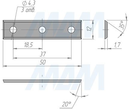 Размеры сменной твердосплавной четырехсторонней пластины 50x12x1.7мм 35°, FK08 (артикул 501217-58)