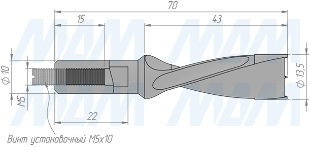 Размеры глухого сверла, D=13.5мм, L=70мм, LH (артикул 50123570)