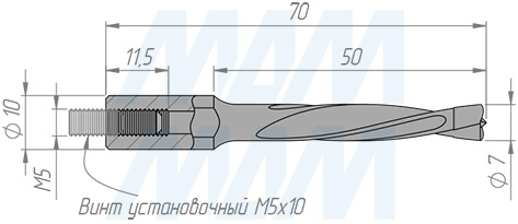 Размеры глухого сверла, D=7мм, L=70мм, LH, серии Professional (артикул 5020370)