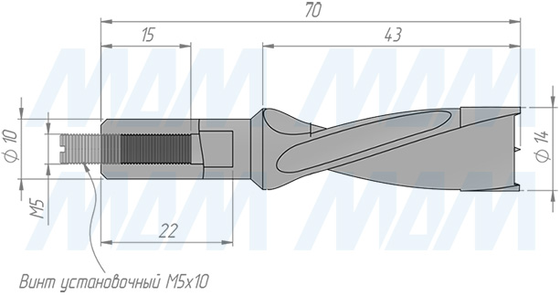 Размеры глухого сверла, D=14мм, L=70мм, LH (артикул 5021470)