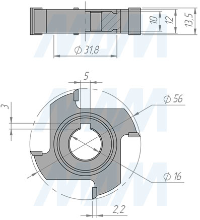 Размеры фрезы для снятия свесов D56xd16xh14 4Z RH/LH (артикул 5610090001-R/L)