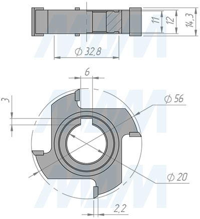 Размеры фрезы для снятия свесов D56xd20xh14 4Z RH/LH (артикул 5610090002-R/L)