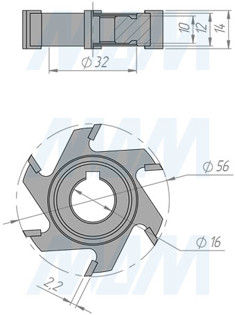 Размеры фрезы для снятия свесов D56xd16xh14 6Z RH/LH (артикул 5610090003-R/L)