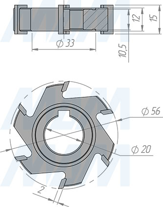 Размеры фрезы для снятия свесов D56xd20xh14 6Z RH/LH (артикул 5610090004-R/L)
