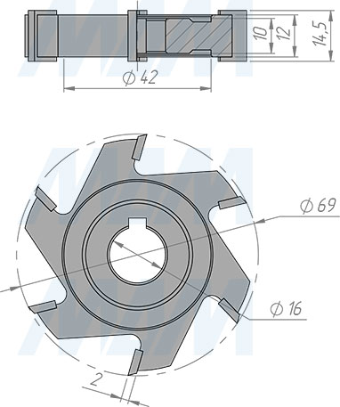Размеры фрезы для снятия свесов D69xd16xh14 6Z RH/LH (артикул 5610090005-R/L)