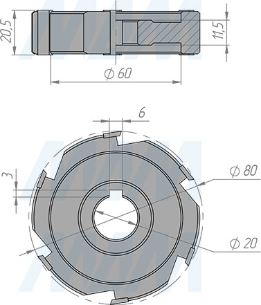 Размеры фрезы для снятия свесов D80xd20xh20 6Z RH/LH (артикул 5610090008-R/L)
