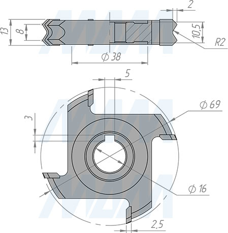 Размеры фрезы для снятия свесов D69xd16xh13 4Z R2 RH/LH (артикул 5620090009-R/L-R2)