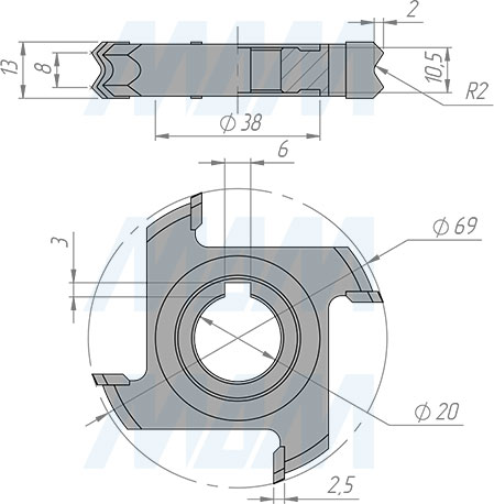 Размеры фрезы для снятия свесов D69xd20xh13 4Z R2 RH/LH (артикул 5620090010-R/L-R2)