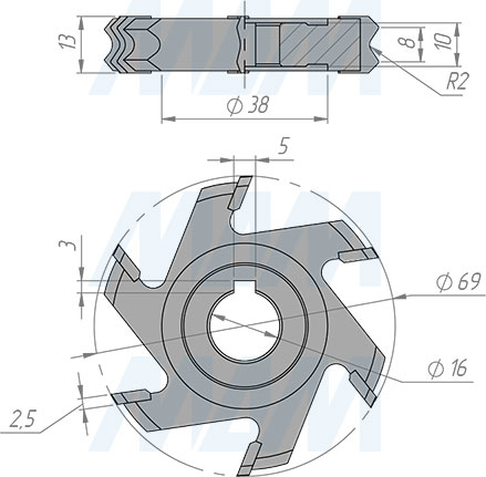 Размеры фрезы для снятия свесов D69xd16xh13 6Z R2 RH/LH (артикул 5620090011-R/L-R2)