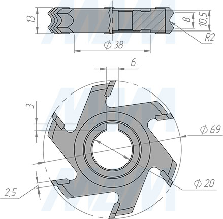 Размеры фрезы для снятия свесов D69xd20xh13 6Z R2 RH/LH (артикул 5620090012-R/L-R2)