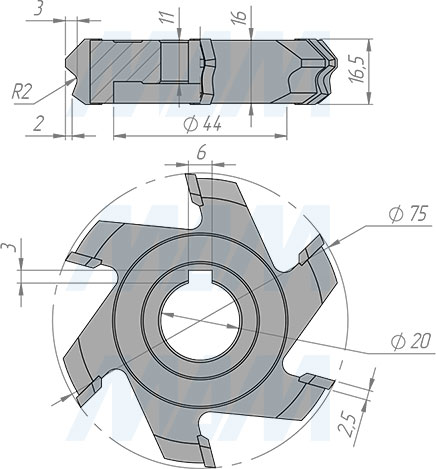 Размеры фрезы для снятия свесов D75xd20xh16 6Z R2 RH/LH (артикул 5620090014-R/L-R2)