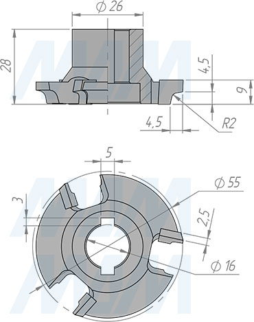 Размеры фрезы для снятия свесов D55,3xd16xh27,5 3Z R2 RH/LH (артикул 5620090015-R/L-R2)