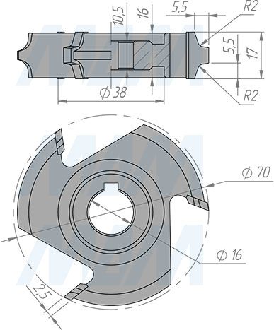 Размеры фрезы для обработки углов D70xd16xh16 3Z R2 RH/LH (артикул 5620090016-R/L-R2)