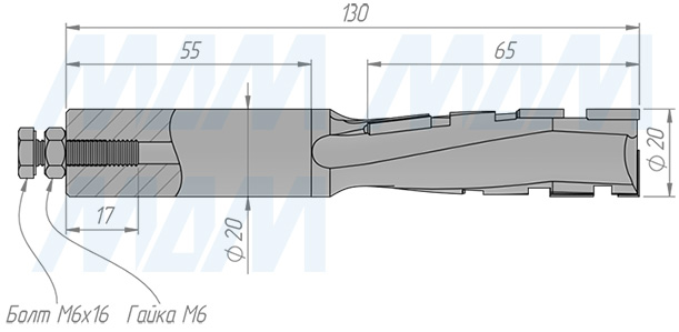 Размеры фрезы алмазной D=18, B=45, L=110, S=20, b=2,5, Z=1+1, правой (артикул 61000900833)