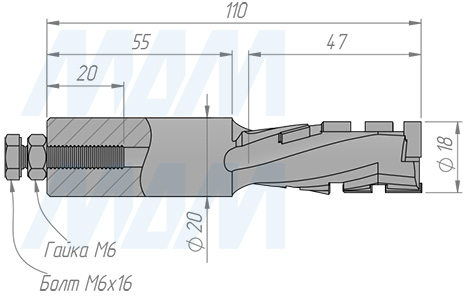 Размеры фрезы алмазной D=18, B=45, L=110, S=20, b=2,5, Z=1+1, правой (артикул 61000900834)