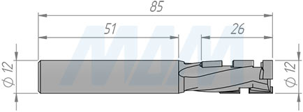 Размеры алмазной концевой фрезы D=12 мм, B=25 мм, L=85 мм, S=12 мм, b=2,5 мм, Z1+1 (артикул 610009021)