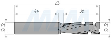 Размеры алмазной концевой фрезы D=12мм, B=34мм, L=85мм, S=12мм, b=2,5мм, Z1+1 (артикул 610009022)