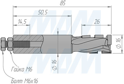 Размеры алмазной концевой фрезы D=16мм, B=25мм, L=85мм, S=16мм, b=2,5мм, Z1+1 (артикул 610009023)