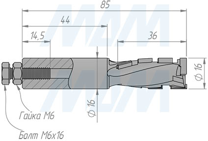 Размеры алмазной концевой фрезы D=16мм, B=34мм, L=85мм, S=16мм, b=2,5мм, Z1+1 (артикул 610009024)