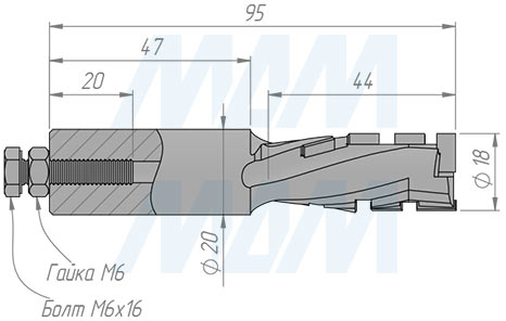 Размеры алмазной концевой фрезы D=18мм, B=43мм, L=90мм, S=20мм, b=2,5мм, Z1+1 (артикул 610009025)