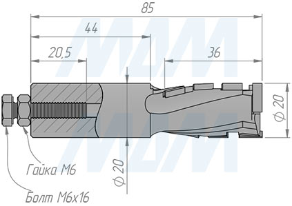 Размеры алмазной концевой фрезы D=20мм, B=34мм, L=85мм, S=20мм, b=2,5мм, Z1+1 (артикул 610009027)