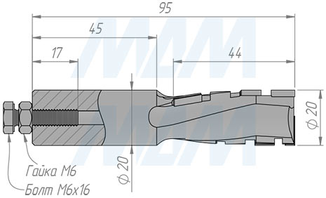Размеры алмазной концевой фрезы D=20мм, B=43мм, L=90мм, S=20мм, b=2,5мм, Z1+1 (артикул 610009028)