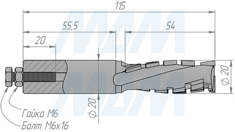 Размеры алмазной концевой фрезы D=20мм, B=52мм, L=115мм, S=20мм, b=2,5мм, Z1+1 (артикул 610009029)