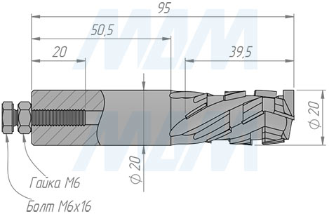 Размеры алмазной концевой фрезы D=20мм, B=35мм, L=95мм, S=20мм, b=2,5мм, Z2+2 (артикул 610009030)