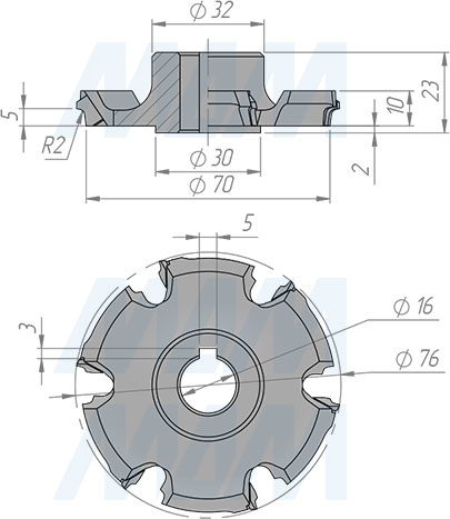 Размеры алмазной фрезы для снятия свесов D76xd16xh8 6Z R2 LH (артикул 66200900018L-R2)